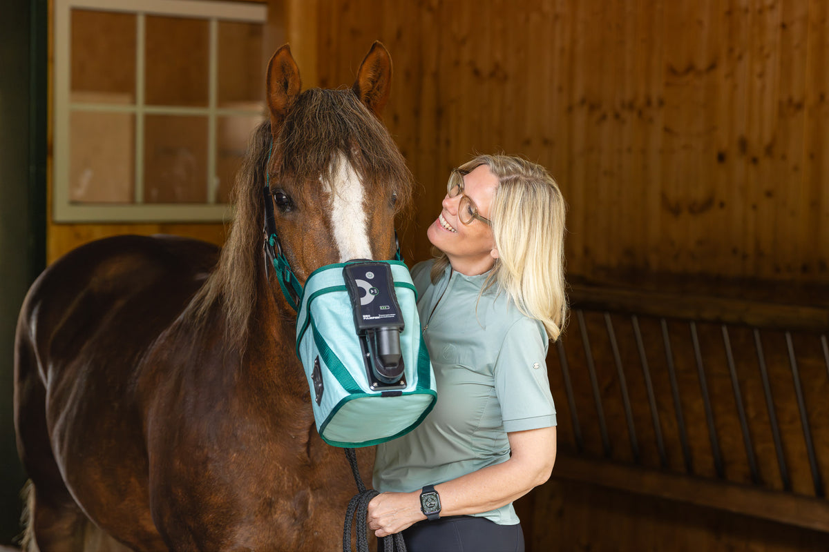 Pferd mit BIBO Pulmifier® und Reiterin